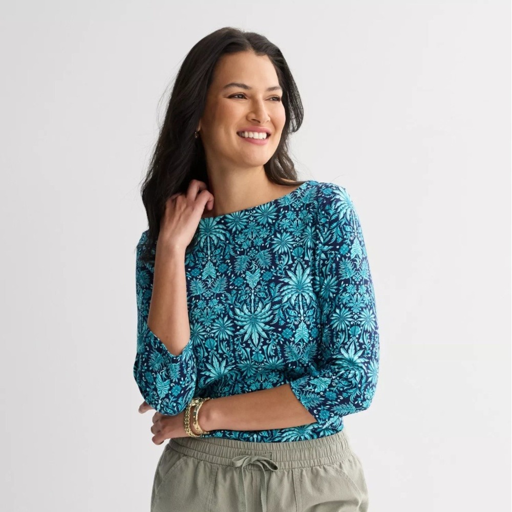 Croft & Barrow T-Shirt Top Women's XXL Navy Teal Damask Boatneck 3/4 Sleeve NWT